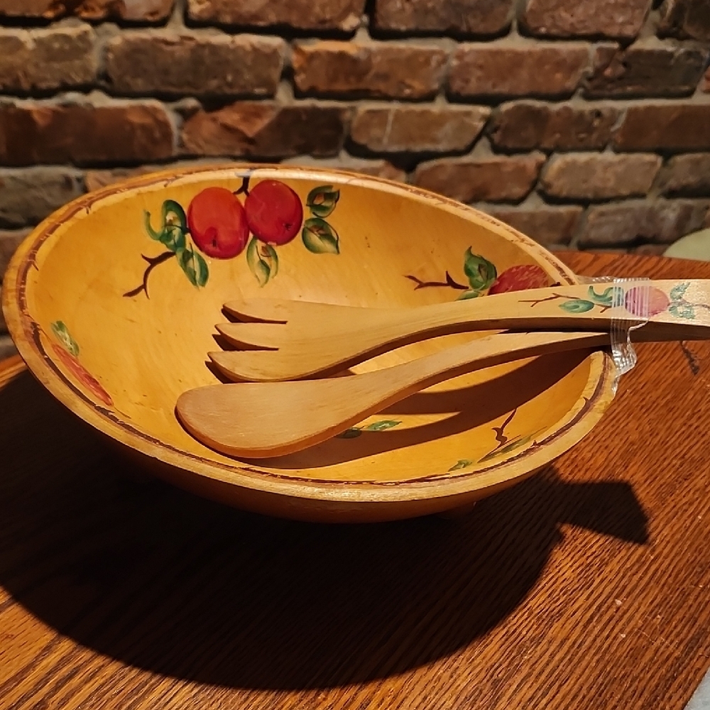 Vintage Handcrafted 10" Wooden Bowl with Utensils - Apple Design
